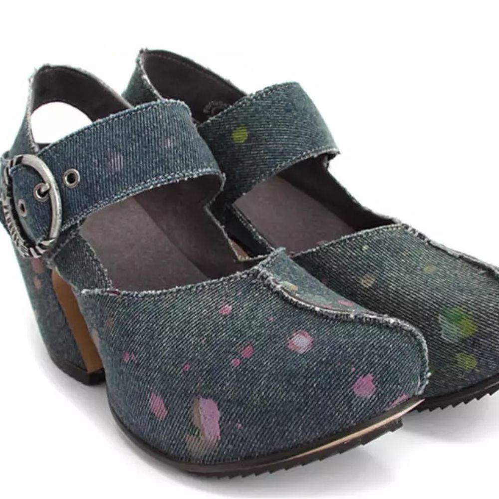 John Fluevog Prepare Guide blue denim with paint splash size 6